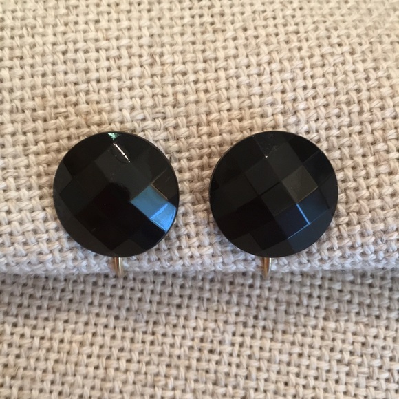 Vintage Black Faceted Glass Button Earrings Clip - Picture 2 of 8